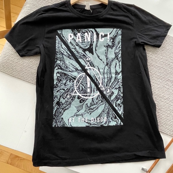 Vintage Y2K Panic At The Disco Black Seafoam Mint Blue Green Print Concert Tee M - Picture 4 of 6